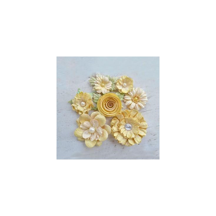 Papierowe kwiaty do rękodzieła - Little Birdie - Argyle Lemon - 7 kwiatków