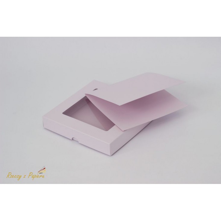 Pudełko na kartkę z okienkiem + baza, niskie kwadratowe 15x15x2,5 różowe - Rzeczy z Papieru