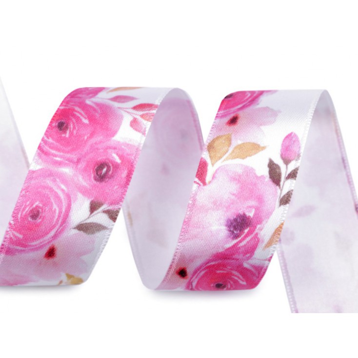 Satin ribbon with pink flowers
