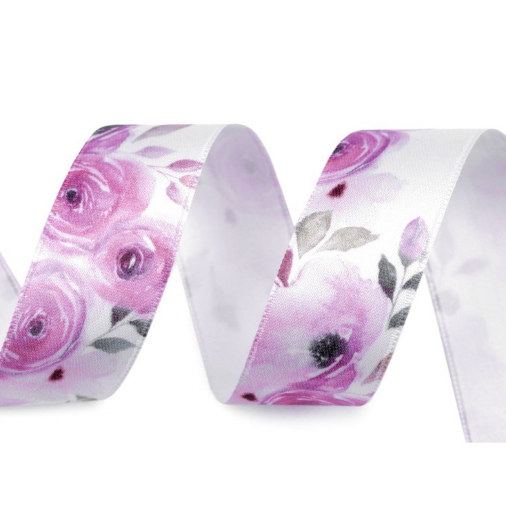 Satin ribbon with violet flowers