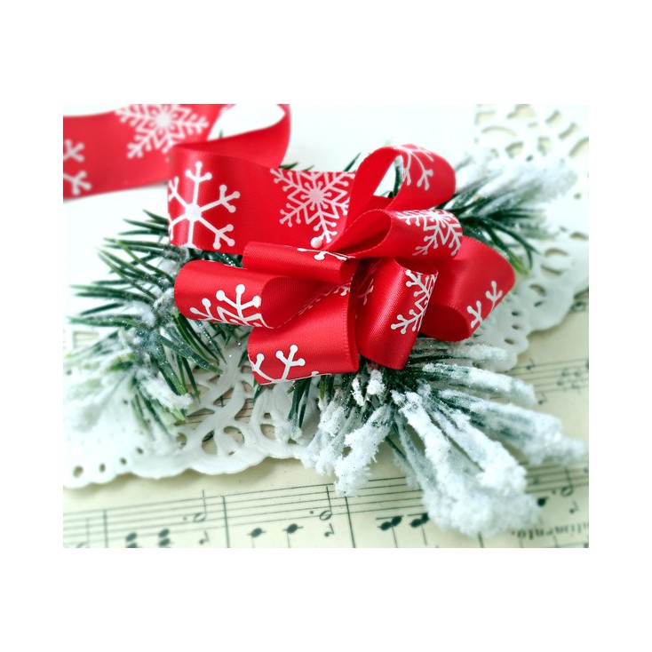 Red satin ribbon with snowflakes