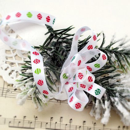 White satin ribbon with Christmas balls