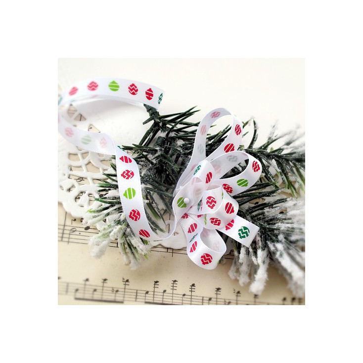 White satin ribbon with Christmas balls