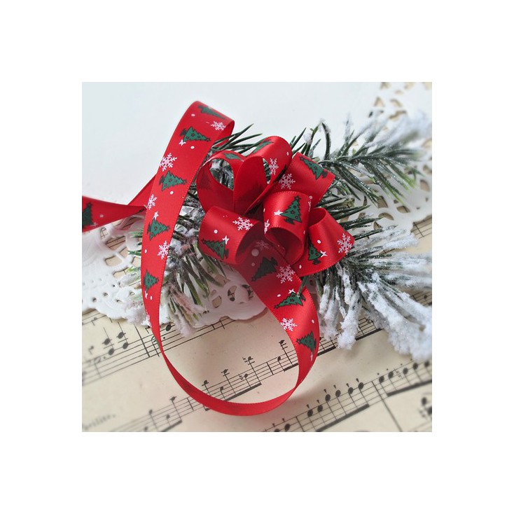 Red satin ribbon in Christmas trees