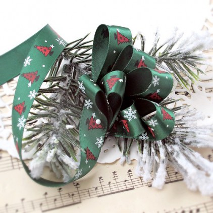 Green satin ribbon in Christmas trees