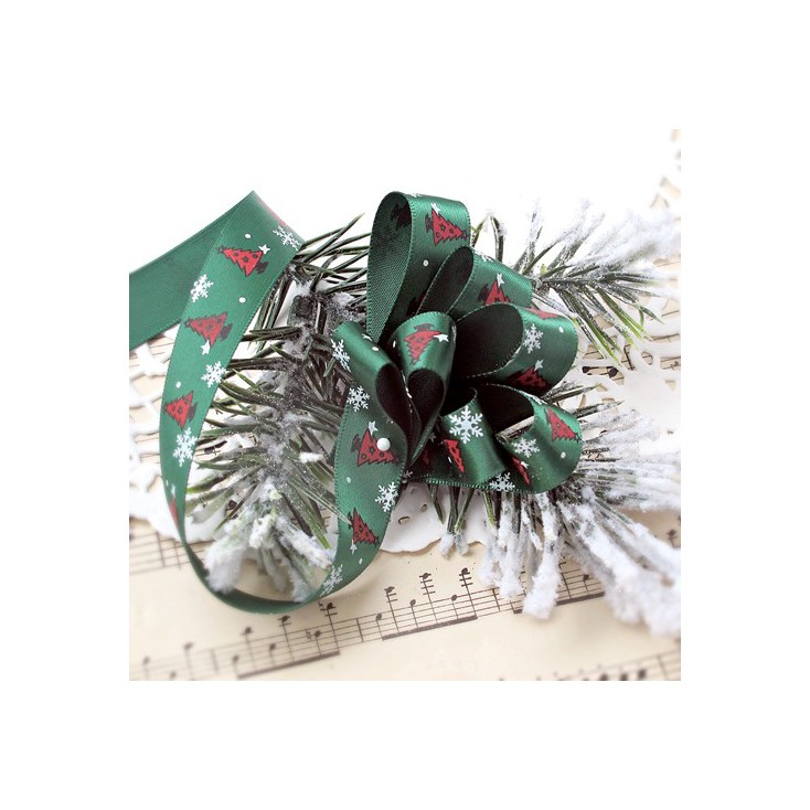 Green satin ribbon in Christmas trees