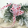 White satin ribbon in geometrical red Christmas trees