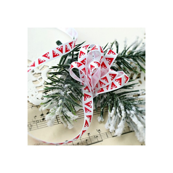 White satin ribbon in geometrical red Christmas trees