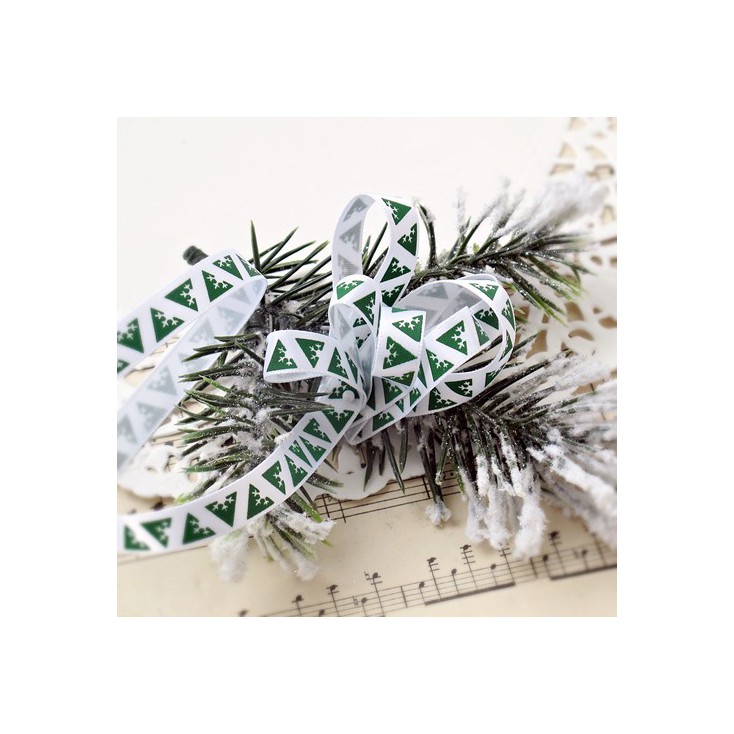 White satin ribbon in geometrical green Christmas trees