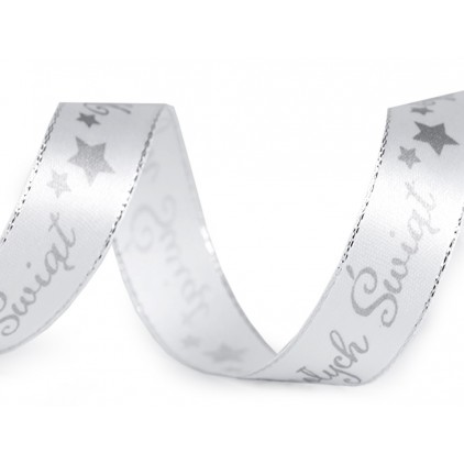 White satin ribbon with the words Wesołych Świąt in silver