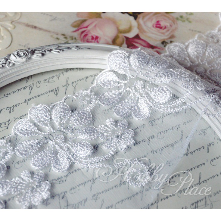Embroidered lace on monofilament - widh 10cm - white - 1 meter
