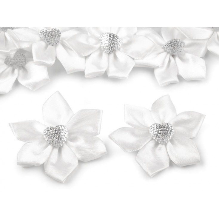 Satin flower with heart - white