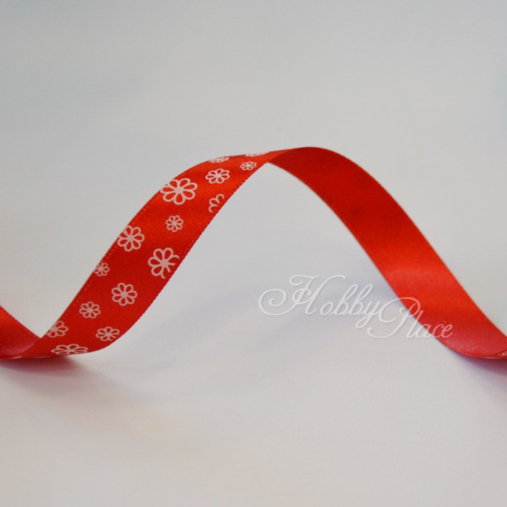 red ribbon with daisies- 1m satin ribbon