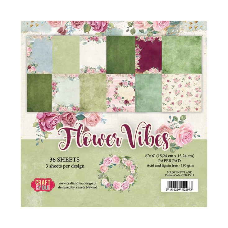 Flower vibes, small paper pad - Sets of scrapbooking papers 15x15cm - Craftandyoudesign
