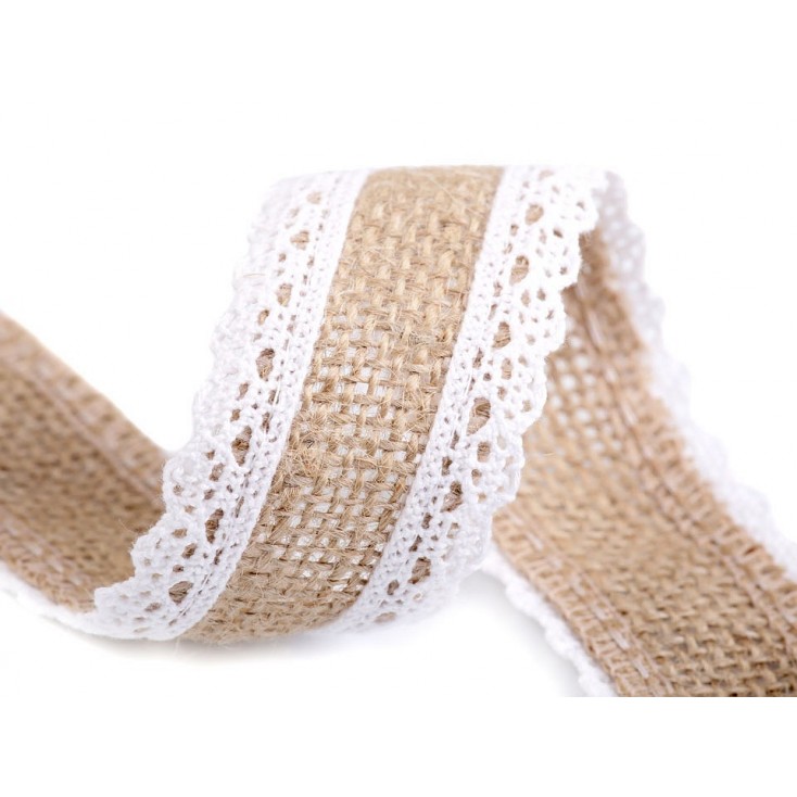 Jute trimwith white cotton lace - natural - one roll