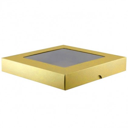 Złote metalizowane pudełko na kartkę - z okienkiem - niskie, kwadratowe - Rzeczy z Papieru