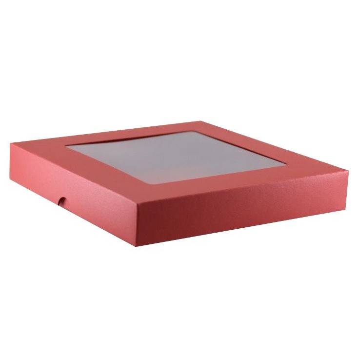 Czerwone metalizowane pudełko na kartkę - z okienkiem - niskie, kwadratowe - Rzeczy z Papieru