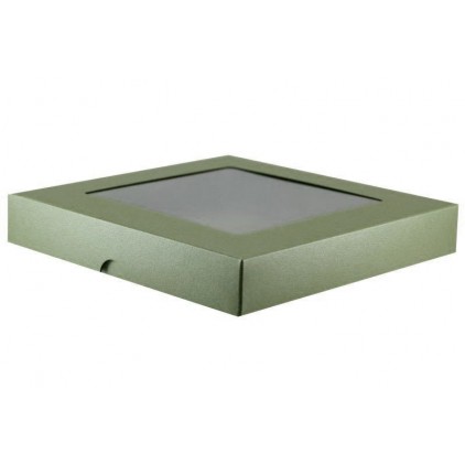 Zielone metalizowane pudełko na kartkę - z okienkiem - niskie, kwadratowe - Rzeczy z Papieru