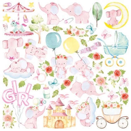 Scrapbooking paper - Fussy cuts elements - My cute baby elephant girl - Fabrika Decoru
