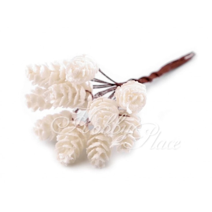 Small white cones with glitter - for decoration - set - 10 cones on a wire