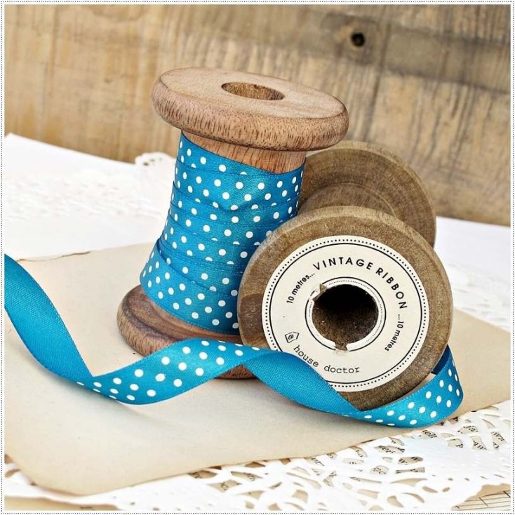 Satin ribbon - 1 meter - turquoise with white dots