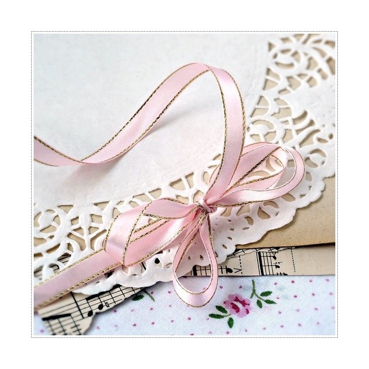 Satin ribbon - 1 meter - pink with gold thread