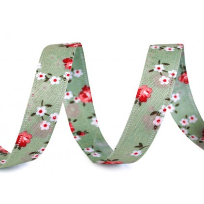 Double sided ribbon with roses - 1 meter - green