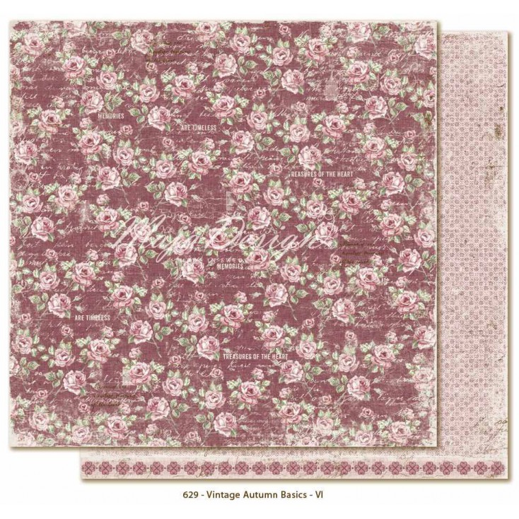 Bordowy papier w różyczki - Papier do scrapbookingu - Maja Design Vintage Autumn Basics no. VI